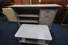 A PAINTED SIDEBOARD with an open bookcase section bedsides two drawers and single cupboard door,