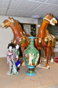 TWO POTTERY TANG STYLE HORSES, A PAIR OF FRAMED CHINESE EMBROIDERED SILK PANELS, ETC, the Tang style