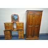 A PINE TWO DOOR WARDROBE, width 96cm x depth 54cm x height 193cm, a dressing table, pair of three