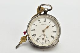 A SILVER OPEN FACE POCKET WATCH, round white dial signed 'A.W.W Co Waltham Mass', Roman numerals,