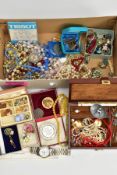 A BOX OF COSTUME JEWELLERY AND OTHER ITEMS, to include various costume brooches, cufflinks, non-