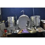 A POWER BEAT 5 PIECE DRUM KIT with kick and pedal, two racks with arms, floor toms with spurs, snare