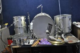 A POWER BEAT 5 PIECE DRUM KIT with kick and pedal, two racks with arms, floor toms with spurs, snare