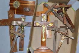 A BOX OF WOODEN CRUCIFIXES ETC, the Christ figures composed of metal and resins, tallest