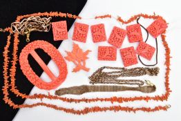 AN ASSORTMENT OF CORAL AND OTHER JEWELLERY ITEMS, to include two string necklaces of red coral,
