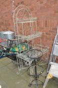 A MODERN THREE TIER WIRE FRAME GARDEN PLANTING STAND height 187cm and a double planting basket