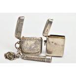 TWO SILVER VESTA CASES AND A CHEROOT HOLDER, the first a plain polished rounded rectangular vesta