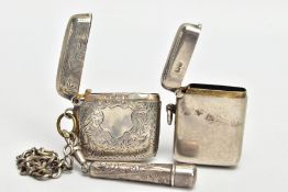 TWO SILVER VESTA CASES AND A CHEROOT HOLDER, the first a plain polished rounded rectangular vesta