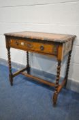 AN OAK BARLEY TWIST SIDE TABLE, with carved lunette's, wavy top edge, and single drawer, width