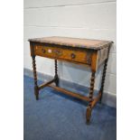 AN OAK BARLEY TWIST SIDE TABLE, with carved lunette's, wavy top edge, and single drawer, width