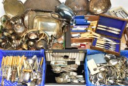 TWO BOXES OF WHITE METAL WARE AND TWO TRAYS OF LOOSE CUTLERY, to include an oval white metal tray