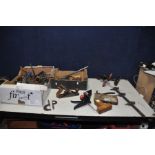 TWO TRAYS CONTAINING VINTAGE CARPENTRY TOOLS including shoulder braces, hand braces, a boxed