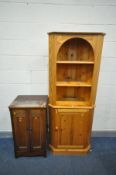 A PINE OPEN CORNER CUPBOARD, and an Edwardian mahogany two door record cabinet (2)
