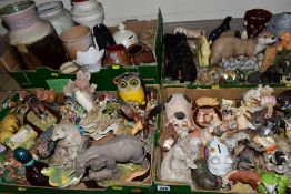FOUR BOXES OF CERAMIC AND RESIN ANIMAL AND BIRD ORNAMENTS, POTTERY VASES, ETC, including a small
