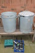 TWO MODERN GALVANISED DUSTBINS (one with lid), a tray of solar lights and a tray of gardening hand