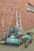 A PAIR OF ALUMINIUM STEP LADDERS 190cm high, a Coopers Lawn sweeper, a wheeled garden work seat