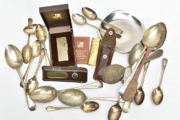 A BOX OF ASSORTED CUTLERY, to include an early Victorian silver fiddle pattern teaspoon, engraved