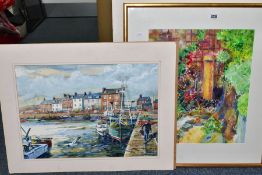 A late 20th CENTURY WATERCOLOUR OF A FISHING HARBOUR, signed Mcdiarmid 97?? bottom right, mounted,