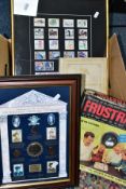 A BOX OF FRAMED STAMPS AND COINS, TELEGRAPH BOOK AND VINTAGE GAME, comprising a book presented by