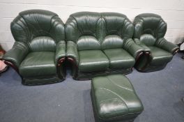 A GREEN LEATHER FOUR PIECE SUITE, comprising a two seater settee, length 139cm, a pair of