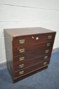 A MAHOGANY CAMPAIGN CHEST OF FIVE LONG DRAWERS, width 71cm x depth 40cm x height 75cm