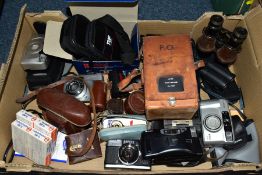 A BOX OF CAMERAS, PHOTOGRAPHIC AND OPTICAL EQUIPMENT, to include an Olympus Pen-D 35mm camera with