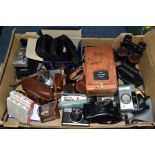 A BOX OF CAMERAS, PHOTOGRAPHIC AND OPTICAL EQUIPMENT, to include an Olympus Pen-D 35mm camera with