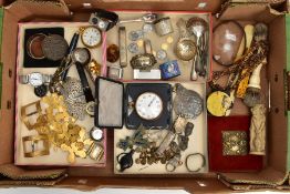 A BOX OF ASSORTED ITEMS, to include a cased 8 day travel clock (damage to one hinge on the case),