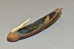 A MAORI FISHING LURE (PA KAHAWAI), wooden and abalone shell with horn hook and bound ends, length