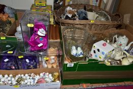 THREE BOXES AND LOOSE CERAMICS, GLASS, SOFT TOYS, WALL MIRROR, ETC, including a quantity of