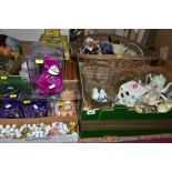 THREE BOXES AND LOOSE CERAMICS, GLASS, SOFT TOYS, WALL MIRROR, ETC, including a quantity of