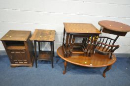 A SELECTION OF OCCASIONAL FURNITURE, to include an oval oak coffee table, oak nest of three