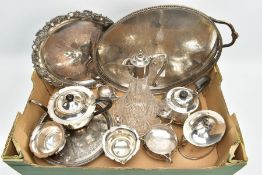 A BOX OF ASSORTED WHITE METAL WARE, to include a large oval tray with a pierced rim and double