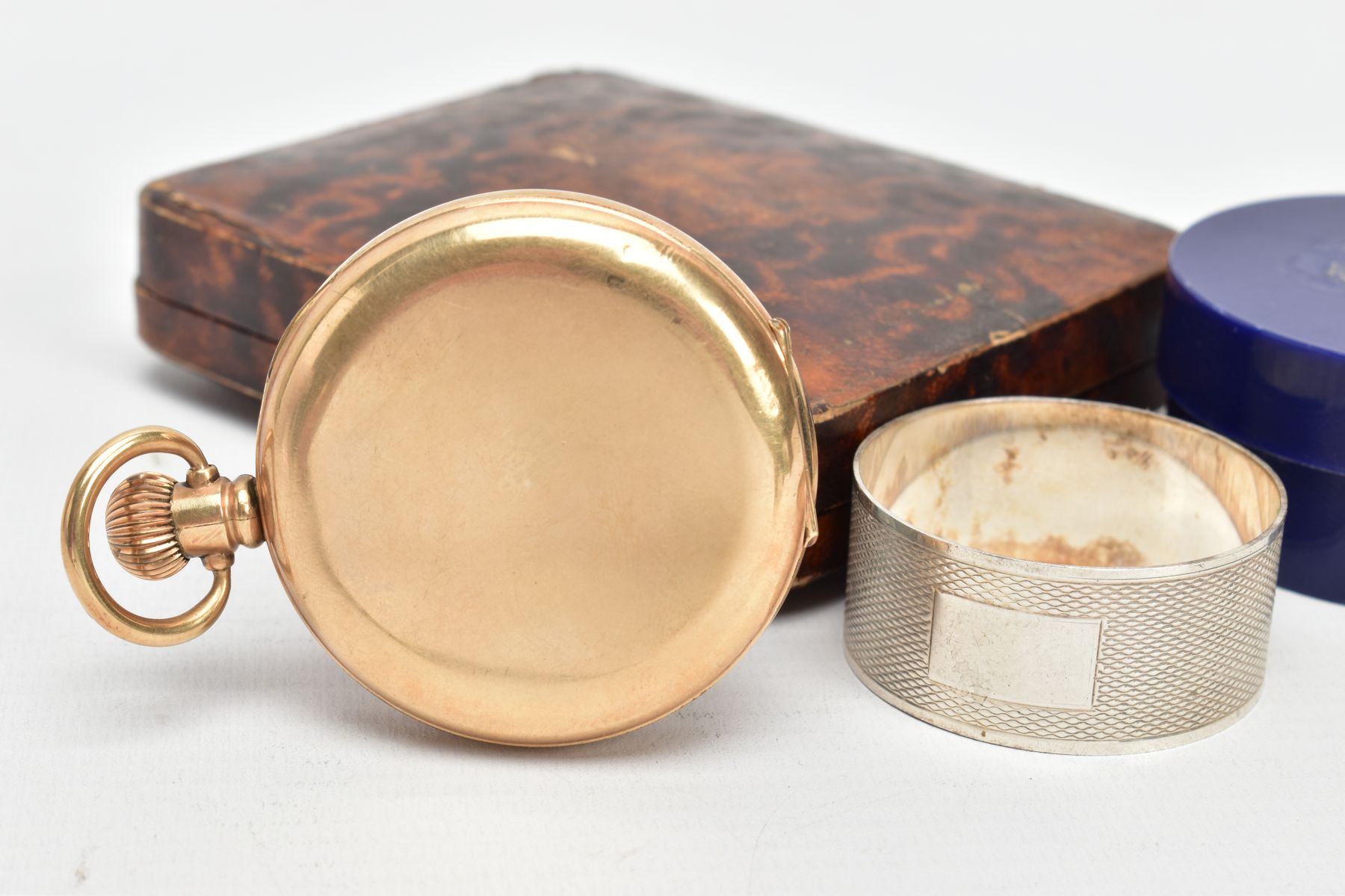 A GOLD-PLATED HALF HUNTER POCKET WATCH AND A SILVER NAPKIN RING, round white dial signed ' - Image 2 of 6