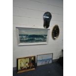 AN OVAL GILT FRAMED WALL MIRROR, a frameless mirror, and three various framed pictures (5)