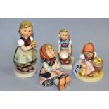 FOUR HUMMEL FIGURES, Chick Girl HUM57 (glaze crazed to base), Happy Pastime HUM69 (chipped beak),