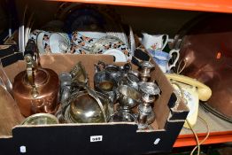 TWO BOXES AND LOOSE METALWARES, CERAMICS AND SUNDRY ITEMS, to include a large oval copper tray