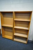 TWO OAK OPEN BOOKCASES, width 90cm x depth 32cm x height 194 (missing some shelf pins)