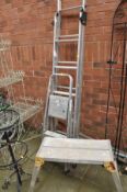 TWO ALUMINIUM STEP LADDERS longest being 200cm long, a step stool, two clothes line poles and a post