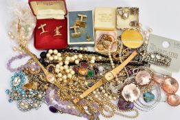 A BAG OF ASSORTED COSTUME JEWELLERY, to include a ladies Accurist wristwatch, semi-precious gemstone