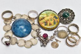 A BAG OF ASSORTED JEWELLERY, to include a large blue cabochon stone brooch, mounted in a white metal