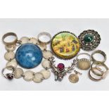 A BAG OF ASSORTED JEWELLERY, to include a large blue cabochon stone brooch, mounted in a white metal