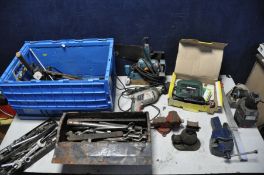 A BOX AND TOOLBOX OF HANDTOOLS to include spanners, sockets, allen keys, hammers etc a Coopers