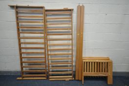 A BEECH FRAMED BED SETTEE, length 206cm (dismantles, complete with bolts, no cushions)