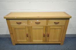 A 'GLOBAL HOME' LIGHT OAK SIDEBOARD, with three drawers, width 170cm x depth 45cm x height 100cm