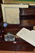 A VINTAGE WOODEN CRATE, A 1920'S OAK TAMBOUR FRONT LETTER RACK AND OTHER COLLECTABLES, ETC,