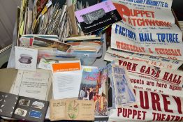 A BOX OF PRINTED EPHEMERA , including two Jonathan Laurey Puppet show posters in poor condition,