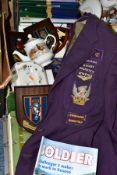 A BOX OF MILITARY RELATED AND SUNDRY ITEMS, to include a purple school blazer from The Churchill
