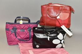 THREE RADLEY HANDBAGS, comprising a red leather bag with a pale pink stitching to the handles and