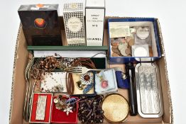 A BOX OF ASSORTED ITEMS, to include a 'Rolls Razor', five nickel silver forks, a compact, costume